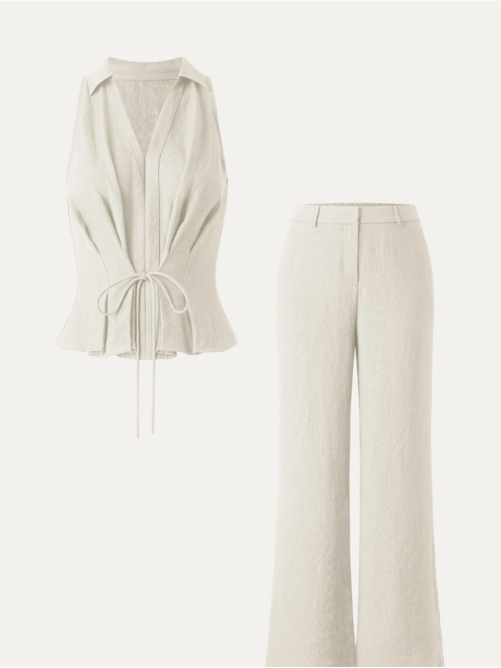 2Pcs Set Collared V-neck Sleeveless Top & Mid Rise Flared Pant with Pockets